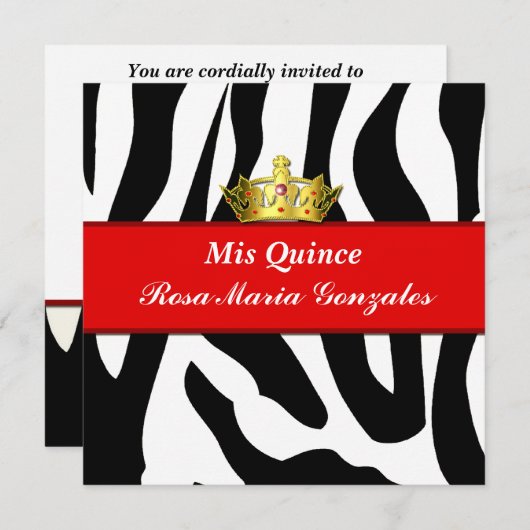 Zebra Crown Quinceñera Einladung (Vorne/Hinten)