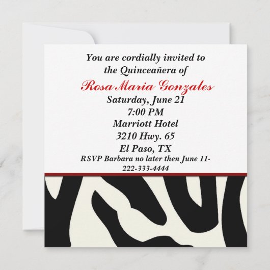 Zebra Crown Quinceñera Einladung (Rückseite)