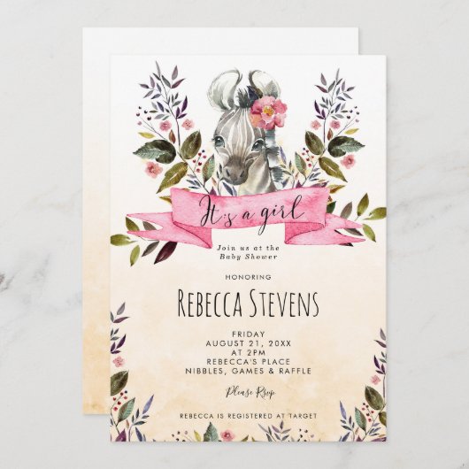 Zebra cub Blumenmädchen Babydusche Einladung (Vorne/Hinten)