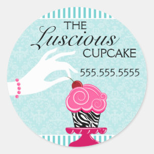 Zebra Cupcake Aquamarin Damask Bäckerei Siegel Runder Aufkleber