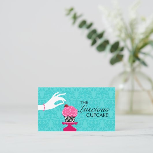 Zebra Cupcake Turquoise Damask Bäckerei Visitenkarte (Stehend Vorderseite)