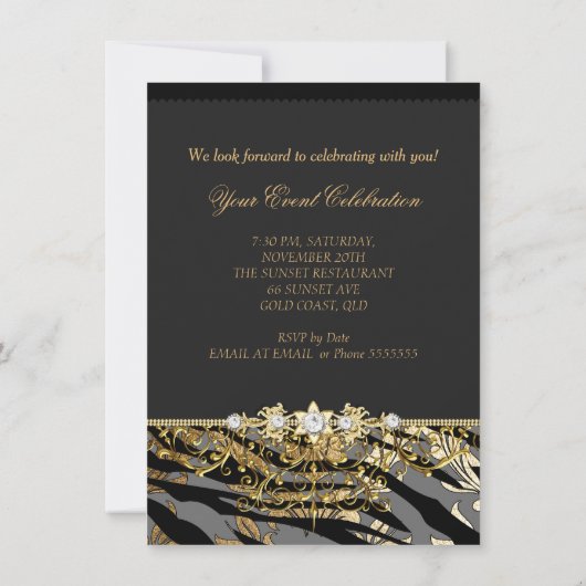 Zebra Damask Gold Schwarzer Wald Beige Elegantes P Einladung (Rückseite)