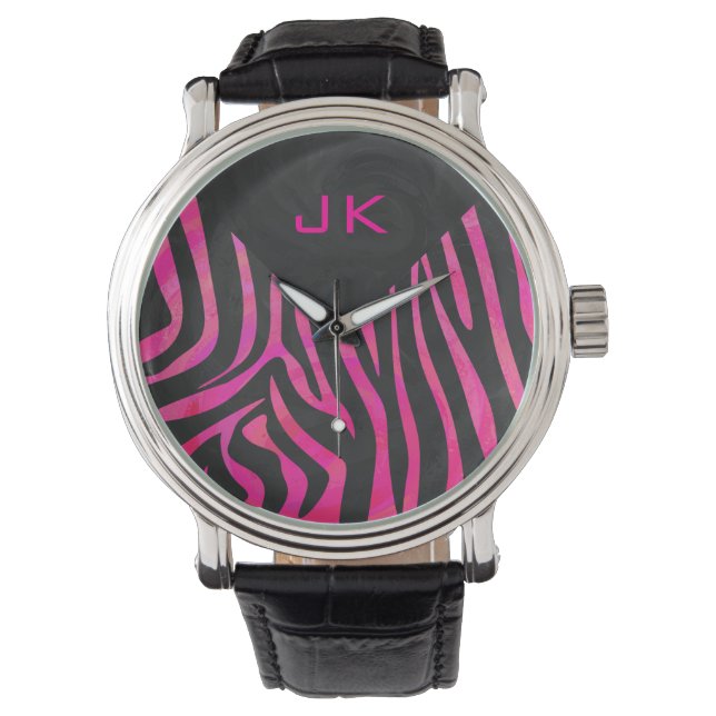 Zebra-Design für Schwarz und Heiß-Rosa Armbanduhr (Vorderseite)