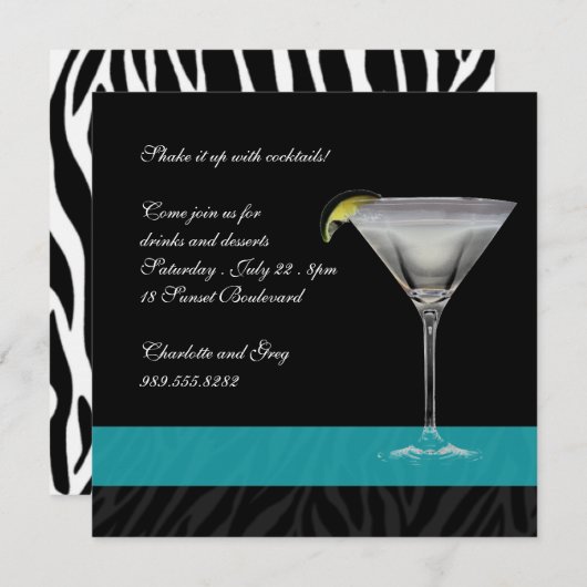 Zebra-Druck-Cocktail Einladung (Vorne/Hinten)