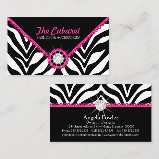 Zebra-Druck-Rosa-Spitze und Diamant Visitenkarte (Vorne/Hinten)
