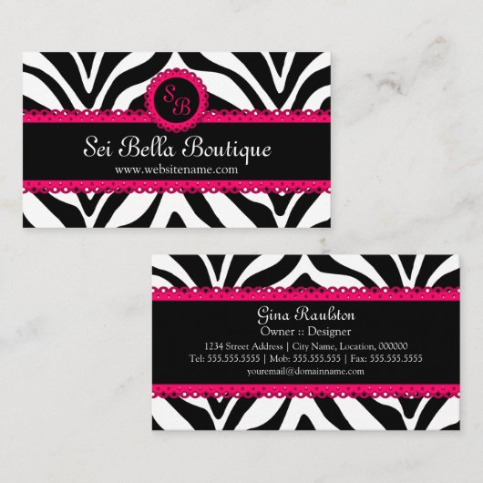 Zebra-Druck u. rosa Spitze-Monogramm Visitenkarte (Vorne/Hinten)