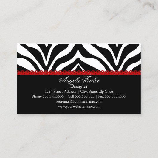 Zebra-Druck u. rote Spitze elegant Visitenkarte (Rückseite)