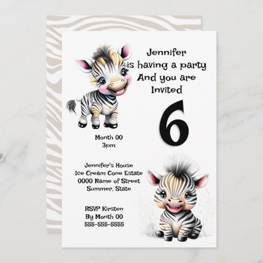 Zebra Dschungle Safari Kinder Thema JEDES ALTER be Einladung (Vorne/Hinten)