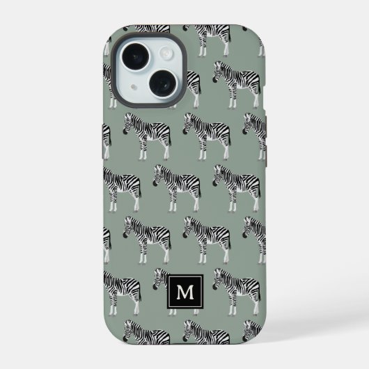 Zebra Exotic Animal Pattern Sage Green Monogram iPhone 15 Hülle (Rückseite)