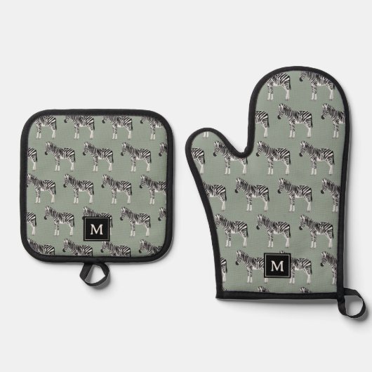 Zebra Exotic Animal Pattern Sage Green Monogram Ofenhandschuh & Topflappen-Set (Vorderseite)