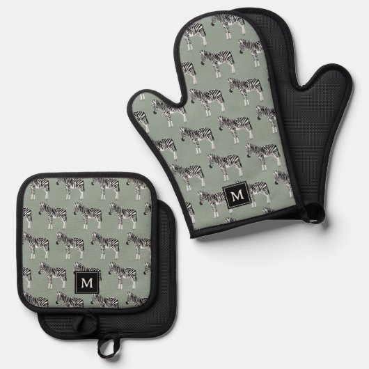 Zebra Exotic Animal Pattern Sage Green Monogram Ofenhandschuh & Topflappen-Set (Vorderseite/Rückseite)