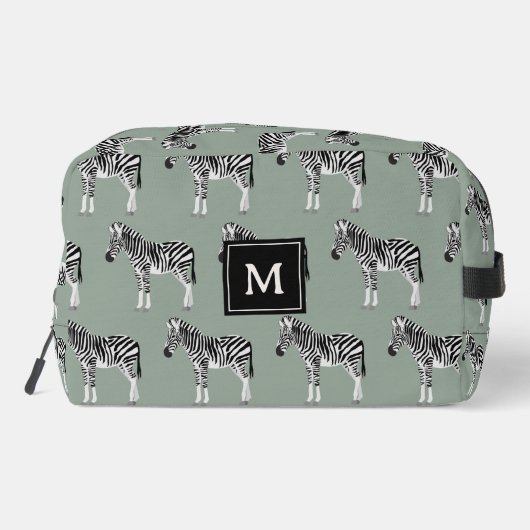 Zebra Exotic Animal Pattern Sage Green Monogram Waschbeutel (Rückseite)