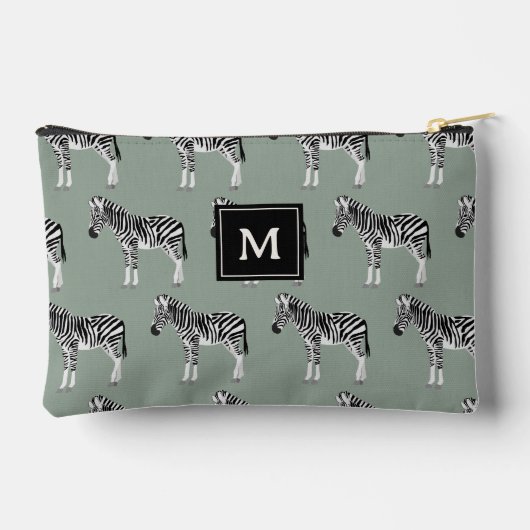 Zebra Exotic Animal Pattern Sage Green Monogram Zubehörtasche (Rückseite)