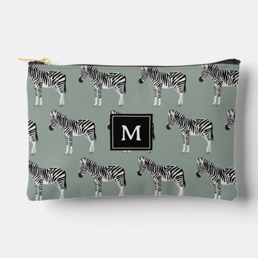 Zebra Exotic Animal Pattern Sage Green Monogram Zubehörtasche (Vorderseite)
