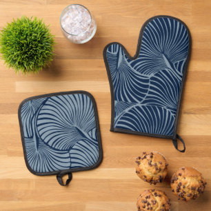 Zebra Fan Palm Hawaiian Tropical Navy Blau Ofenhandschuh & Topflappen-Set