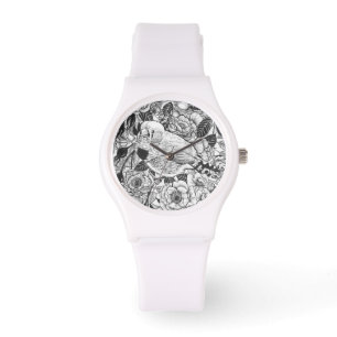 Zebra-Finch und Rose-Buschtinte zeichnend Armbanduhr