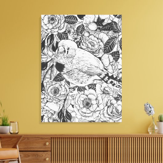 Zebra-Finch und Rose-Buschtinte zeichnend Leinwanddruck (Insitu (Wohnzimmer))
