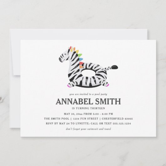 Zebra Float Birthday Pool Party Einladung (Vorderseite)