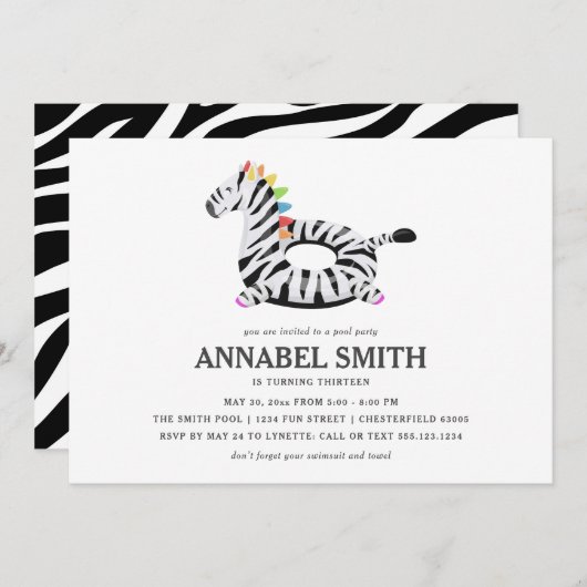 Zebra Float Birthday Pool Party Einladung (Vorne/Hinten)
