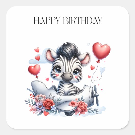 Zebra-Flugzeug-Geburtstag Quadratischer Aufkleber (Vorderseite)