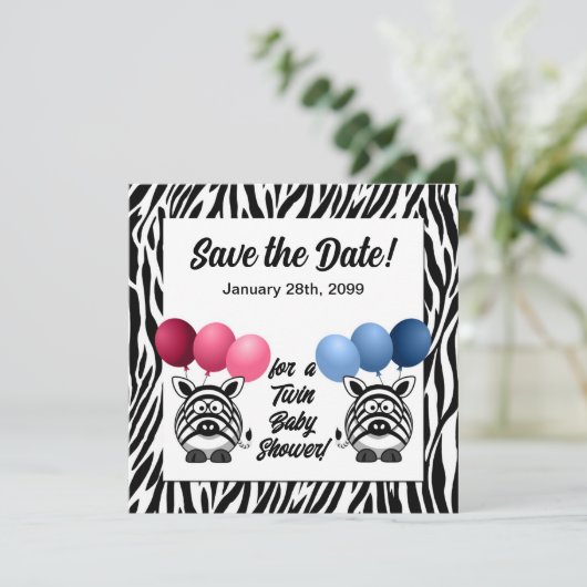 Zebra Fraternal Twins Baby Shower Save The Date (Stehend Vorderseite)