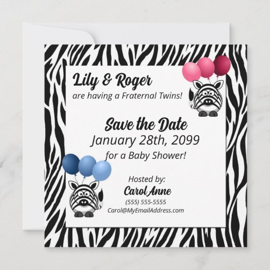 Zebra Fraternal Twins Baby Shower Save The Date (Rückseite)