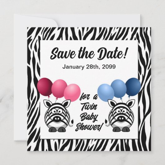 Zebra Fraternal Twins Baby Shower Save The Date (Vorderseite)
