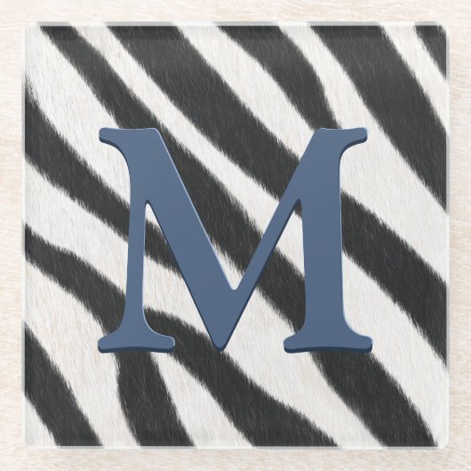 Zebra Fur Animal Print Blue Gray Monogram Glasuntersetzer (Vorderseite)