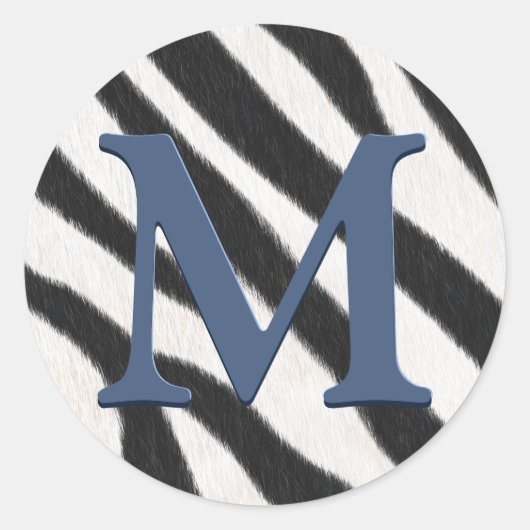 Zebra Fur Animal Print Blue Gray Monogram Runder Aufkleber (Vorderseite)