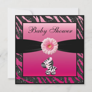 Zebra, Gerbera & Imitate Glitzer Baby Dusche Einladung