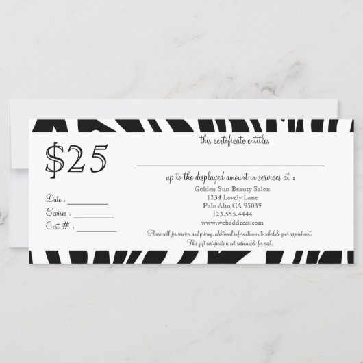 Zebra Geschenkzertifikat : Rackkarte (Rückseite)