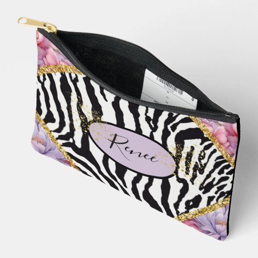 Zebra Glam goldenes Funkeln mit hellen Rose Zubehörtasche (Offen)