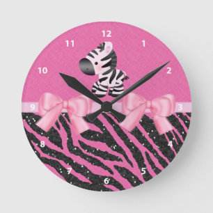 Zebra, Glitter & Bows Pink & Black Animal Print Runde Wanduhr