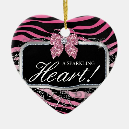Zebra-Glitzer-Herz-Diamant-Bogen niedlich Keramikornament (Vorne)