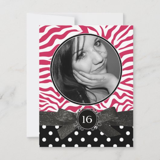 Zebra Glitzer und Punkt Foto Sweet 16 Pink Einladung (Vorderseite)
