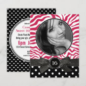 Zebra Glitzer und Punkt Foto Sweet 16 Pink Einladung (Vorne/Hinten)