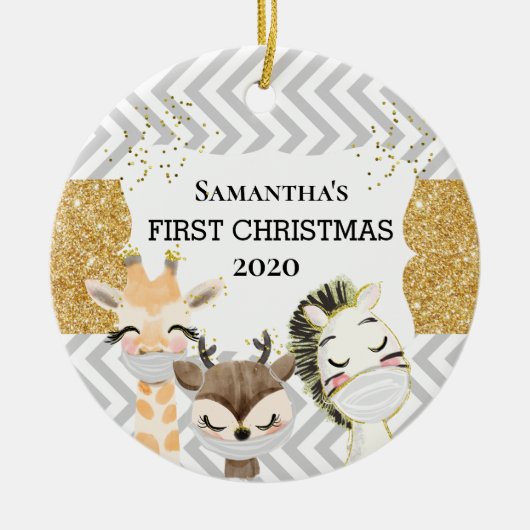 Zebra Gold Giraffe 2020 für Baby's First Christmas Keramik Ornament (Vorne)