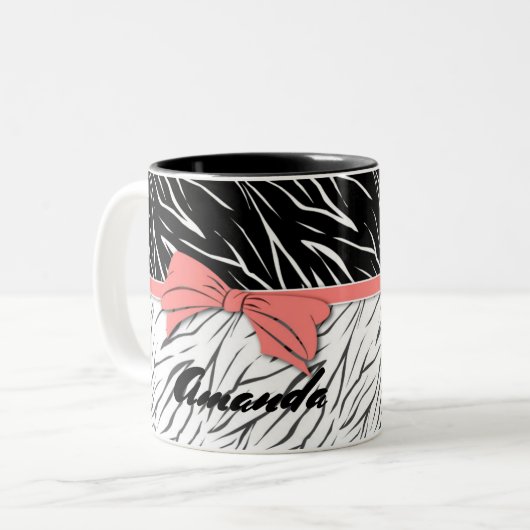 Zebra-Haut Schwarz-weiße Tigerstreifen pink Zweifarbige Tasse (Vorderseite Links)
