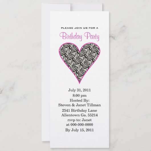 Zebra-Herz-Party Einladungen (Vorderseite)