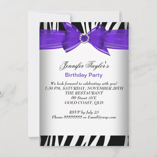 Zebra Hot Lila High Heel Black Birthday Party Einladung (Rückseite)