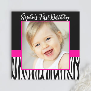 Zebra Hot Pink Girls Foto 1. Geburtstag Party Einladung