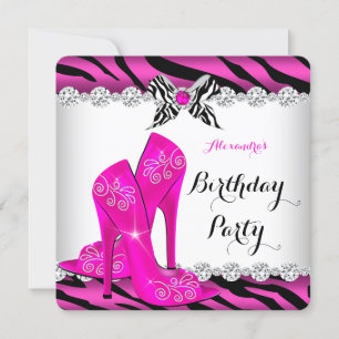 Zebra Hot Pink Glamour High Heels Geburtstagsfeier Einladung