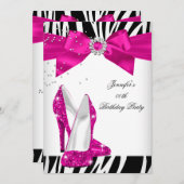 Zebra Hot Pink High Heel Shoe Black Birthday Bow Einladung (Vorne/Hinten)