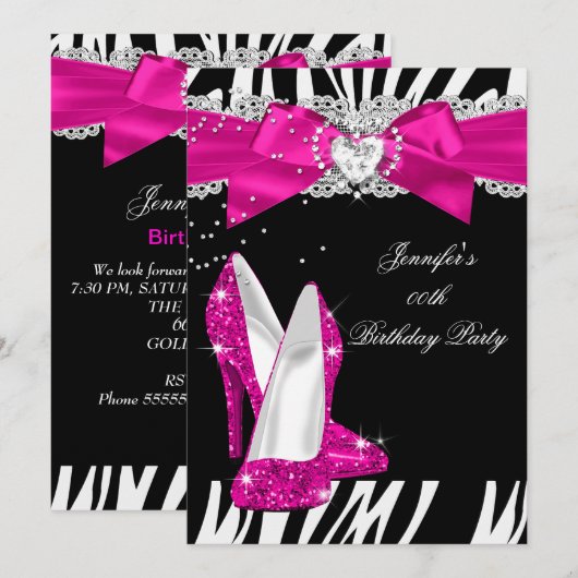 Zebra Hot Pink High Heel Shoe Black Geburtstag 4 Einladung (Vorne/Hinten)