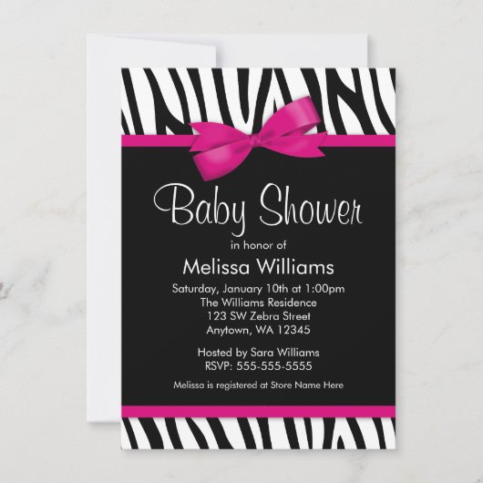 Zebra Hot Pink Printed Bow Babydusche Einladung (Vorderseite)