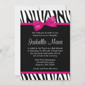 Zebra Hot Pink Printed Bow Bat Mitzvah Einladungen (Vorderseite)