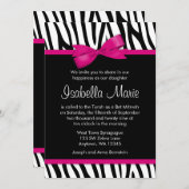 Zebra Hot Pink Printed Bow Bat Mitzvah Einladungen (Vorne/Hinten)