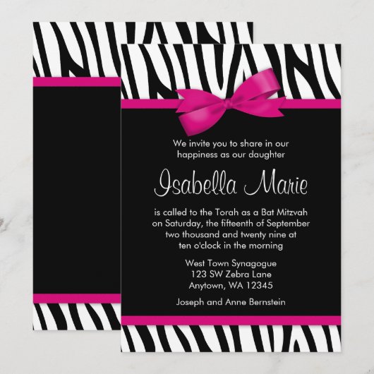 Zebra Hot Pink Printed Bow Bat Mitzvah Einladungen (Vorne/Hinten)