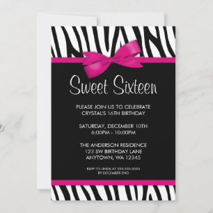 Zebra Hot Pink Printed Bow Sweet 16 Geburtstagspar Einladung