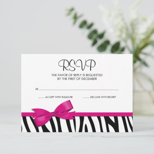 Zebra Hot Pink Printed Bow UAWG RSVP Karte (Stehend Vorderseite)
